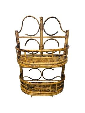 Vintage 1970s Burnt Bamboo Wall Shelf: 2 Tier Shelf - Wall Hanging or Table Top